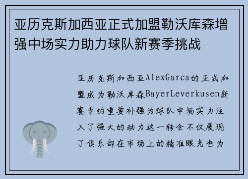 亚历克斯加西亚正式加盟勒沃库森增强中场实力助力球队新赛季挑战